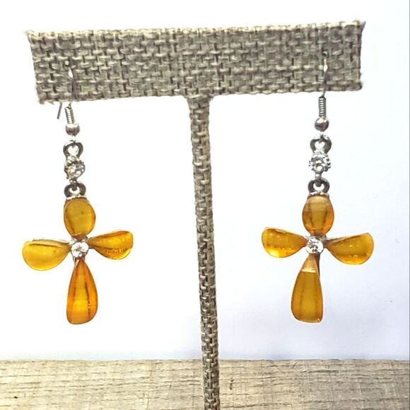 RESIN & CRYSTAL French Hook Religious Cross Earrings - Picture 1 of 5